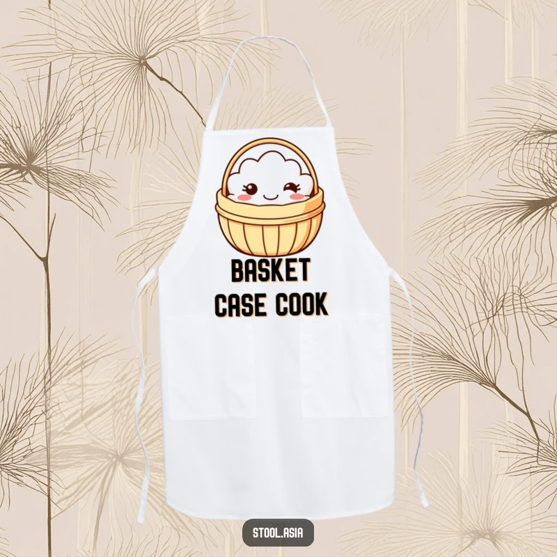 Funny dim sum basket apron with a smiling basket wobbling playfully, perfect for kitchen fun.
