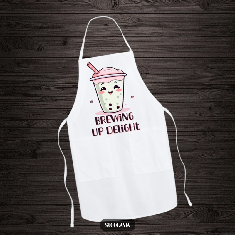 Funny apron with a giggling and wiggling boba tea cup with a straw, a delightful cartoon for kitchen fun.