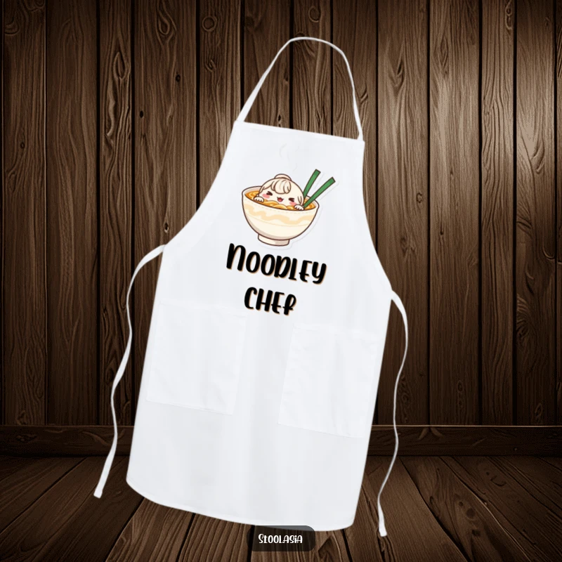 Funny whimsical noodle bowl character peeking from steaming broth on a kitchen apron.