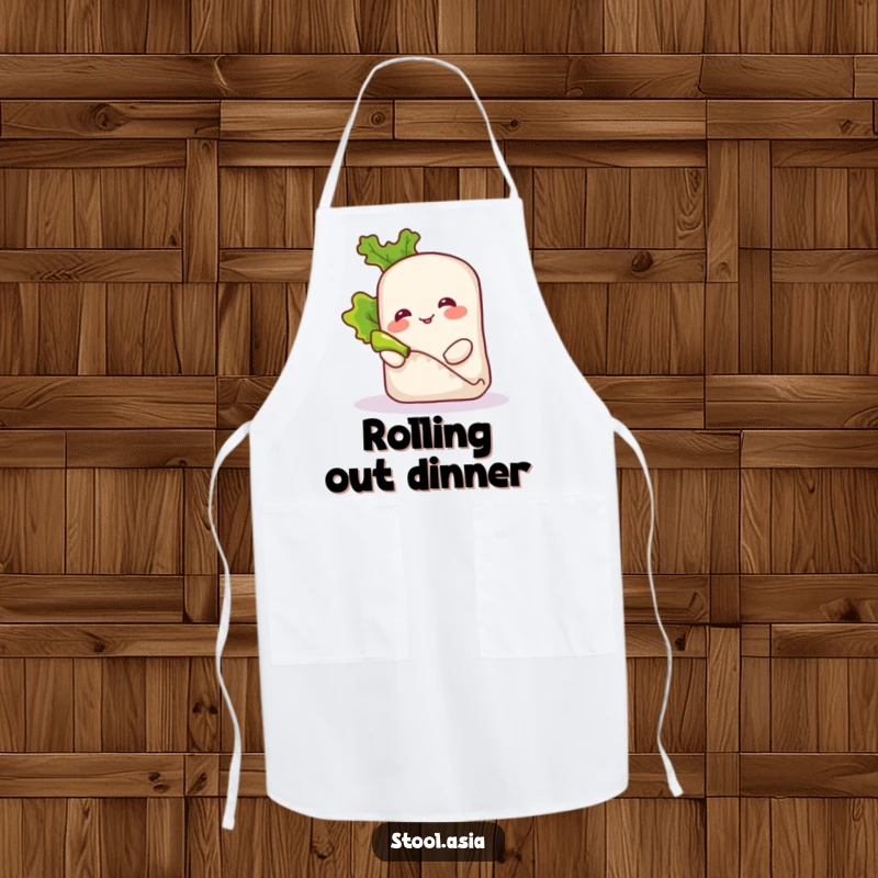 Funny smiling spring roll character playfully rolling a small piece of lettuce on a kitchen apron.