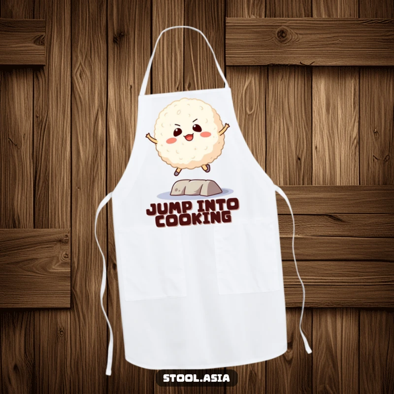 Funny Rice Ball Apron: A determined rice ball jumping over an obstacle, ready to master any dish.