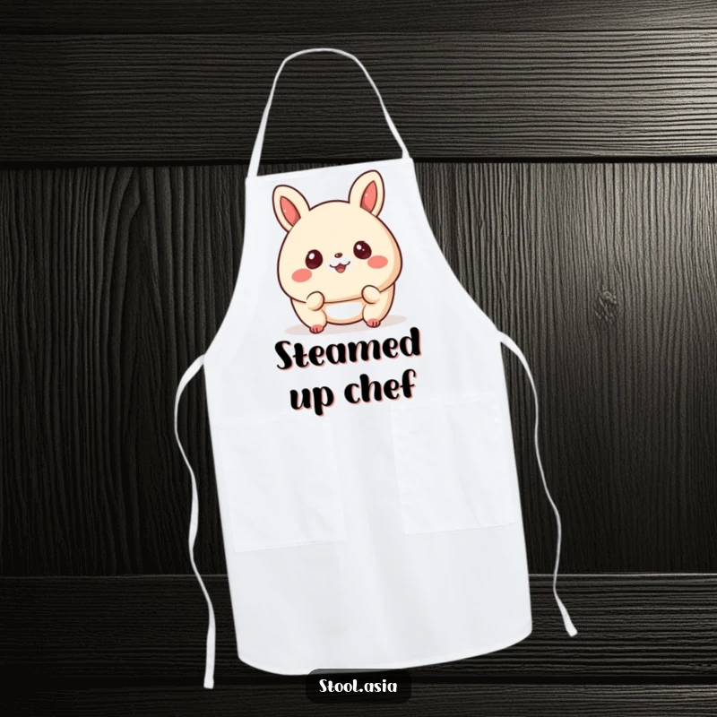 Funny bao bun apron with a happy, bouncing bun with cheerful eyes, perfect for kitchen fun.