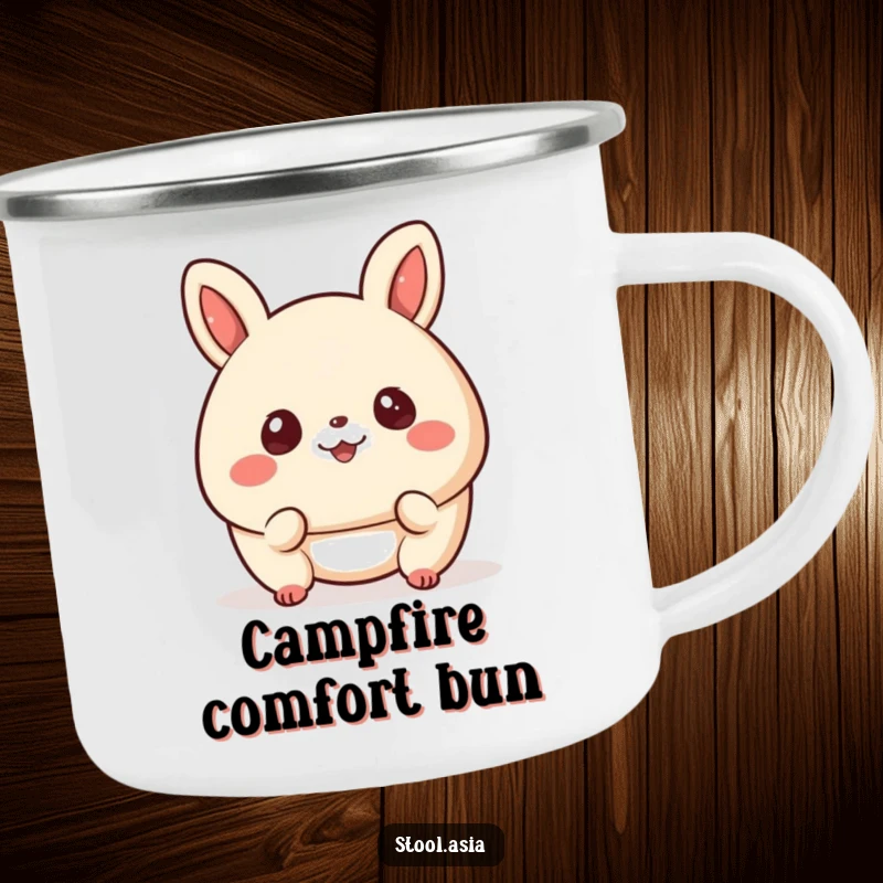 Funny bao bun camping mug featuring a happy, bouncing bun with cheerful eyes, perfect for outdoor fun.
