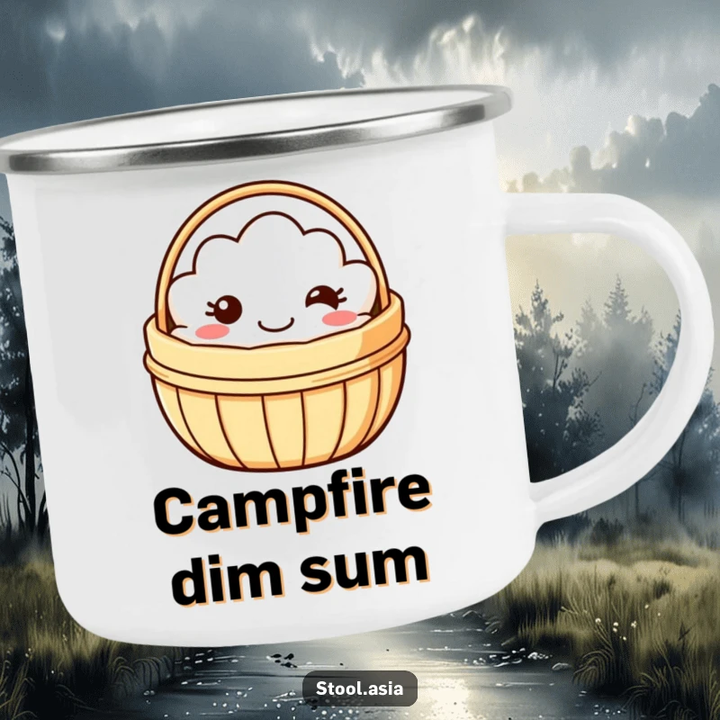 Funny dim sum basket camping mug with a smiling basket wobbling playfully, perfect for outdoor dining.