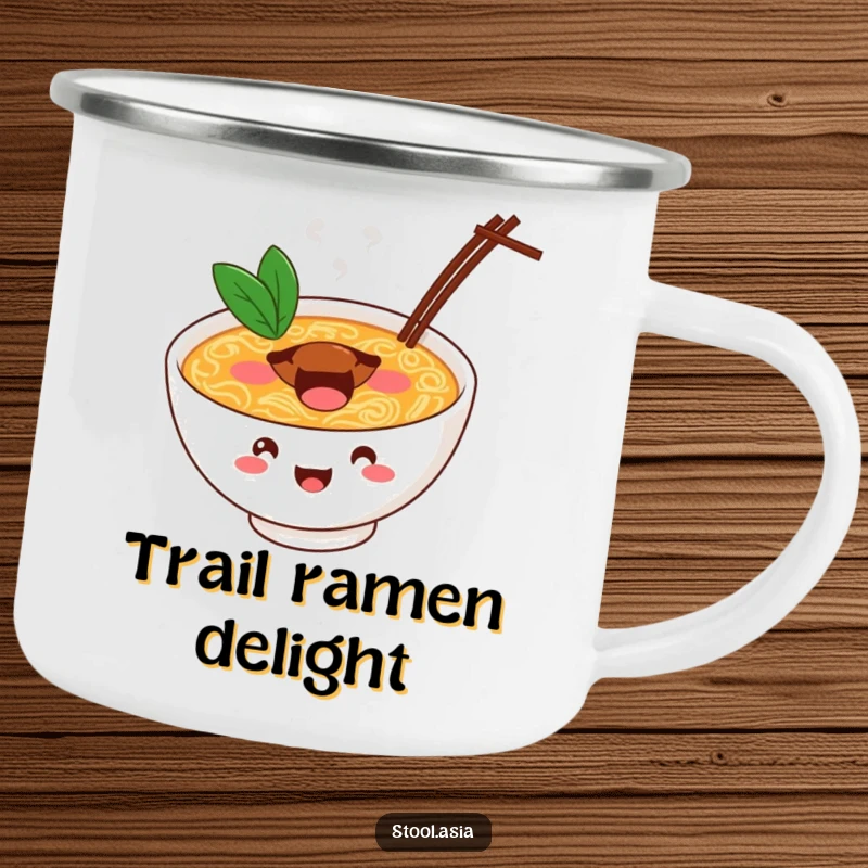 Funny ramen bowl camping mug with a cheerful bowl bouncing with energy, perfect for outdoor dining.