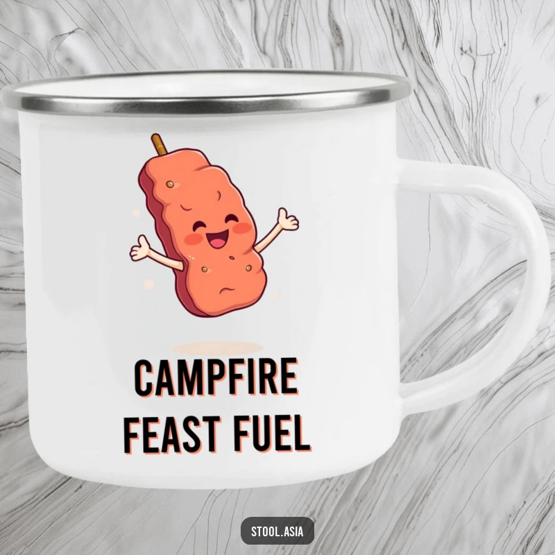 Funny Skewer Camping Mug: A cheerful grilled meat skewer with arms performing a flourish, great for outdoor chefs.