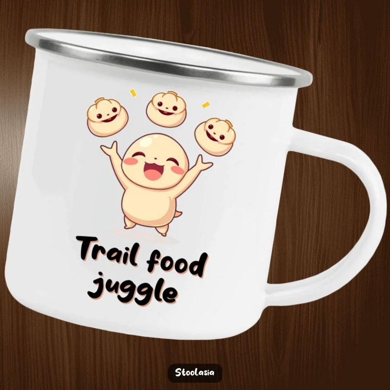 Funny dumpling character joyfully juggling miniature bao buns on a durable camping mug, perfect for outdoor beverages.