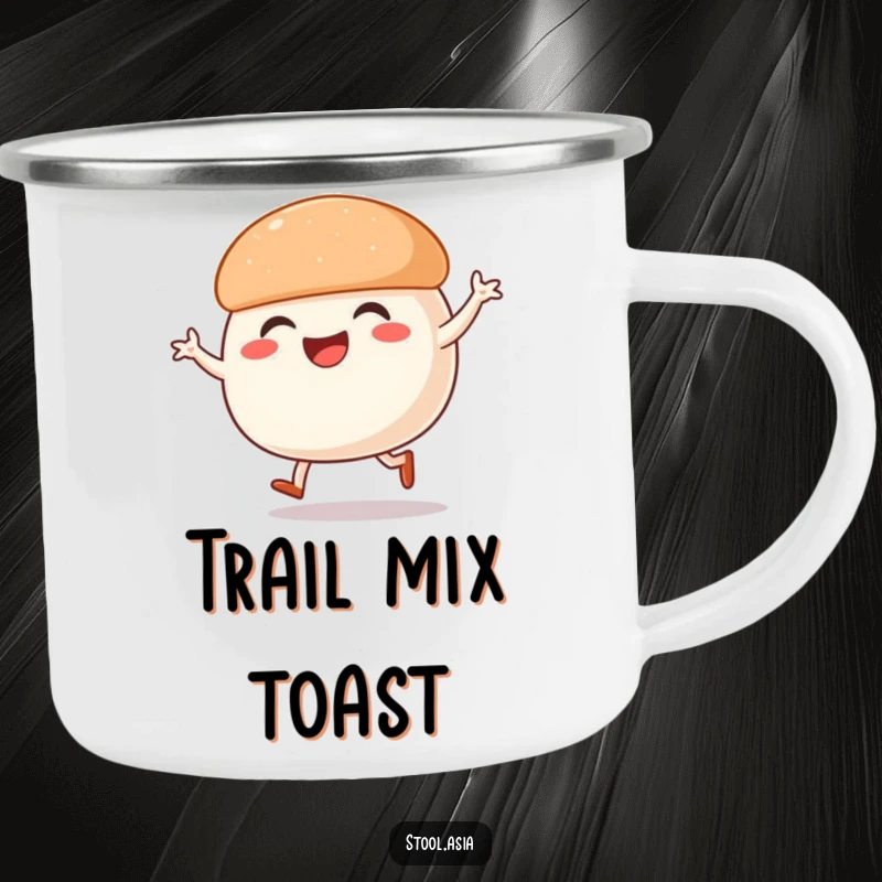 Funny Steamed Bun Camping Mug: A smiling steamed bun with legs performing a lively street dance, perfect for outdoor fun.
