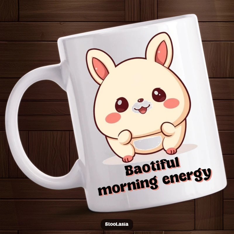 Funny bao bun mug with a happy, bouncing bun with cheerful eyes and a smile, a delightful treat.