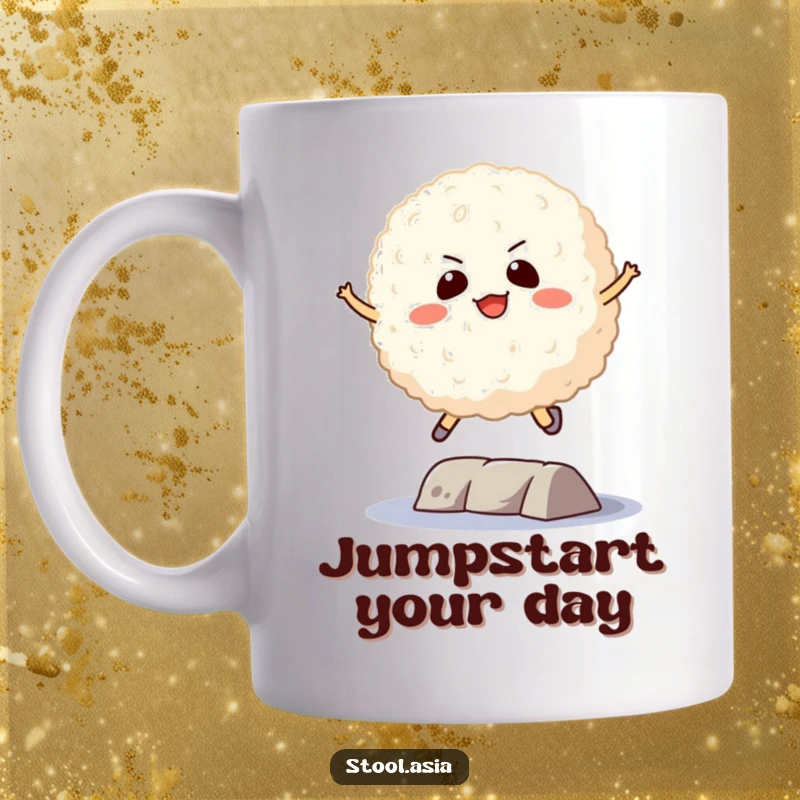 Funny Rice Ball Mug: A determined rice ball leaping over an obstacle with focus and playful energy.