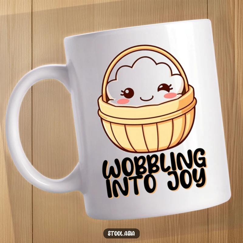 Funny dim sum basket mug showing a smiling basket with simple eyes and a happy mouth wobbling playfully.