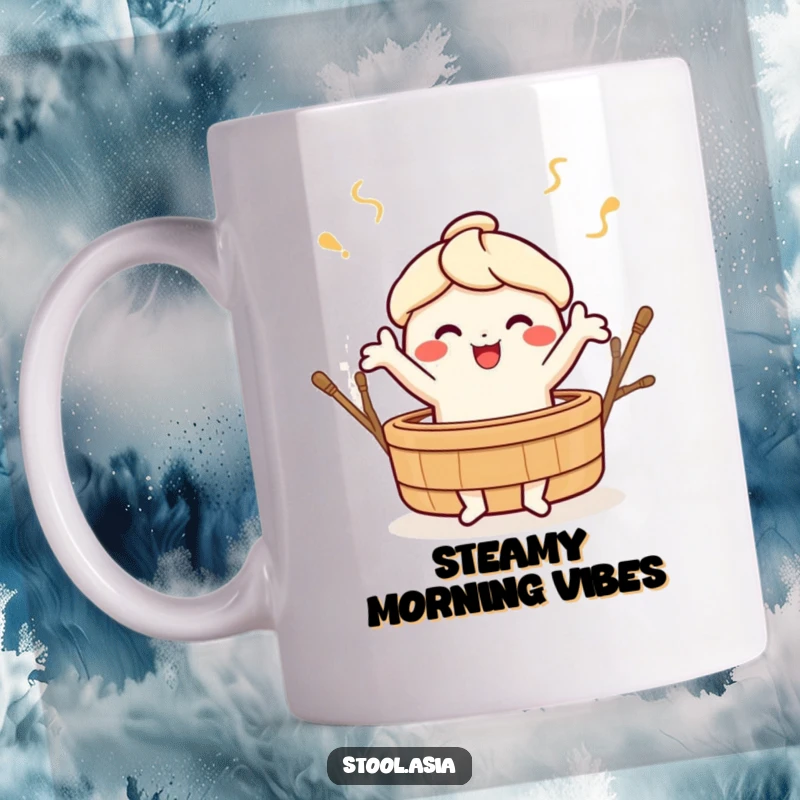 Funny cheerful dim sum character doing a lively dance around a bamboo steamer, depicted on a mug for food lovers.
