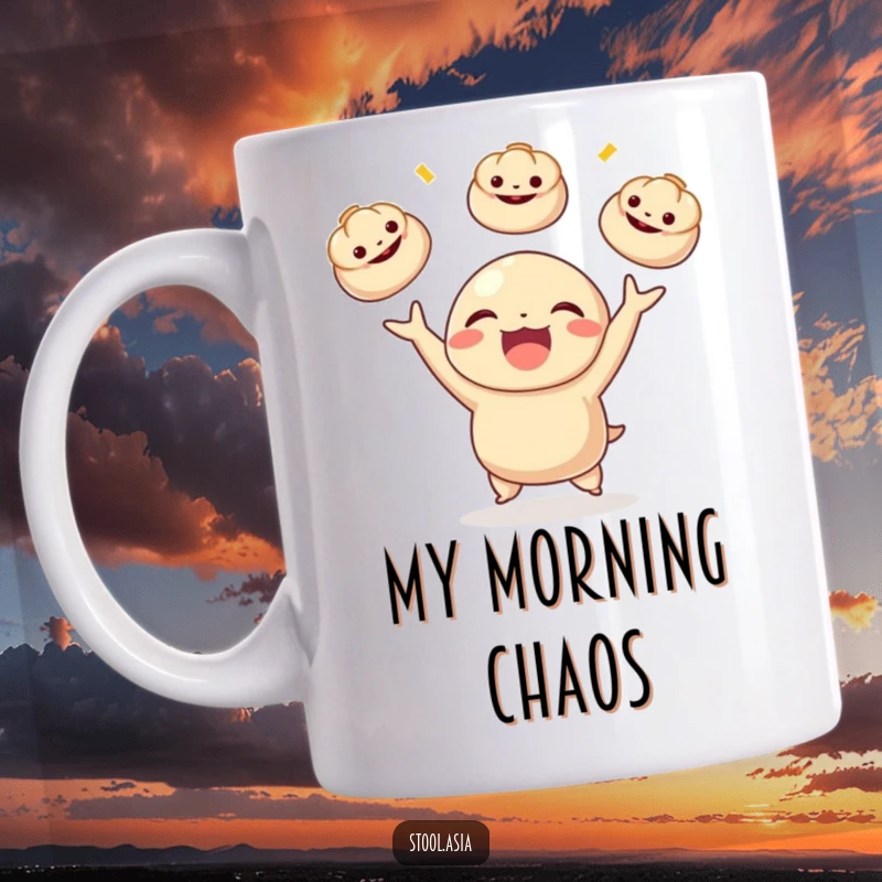 Funny delighted dumpling character happily juggling three miniature bao buns, depicted on a mug for food enthusiasts.