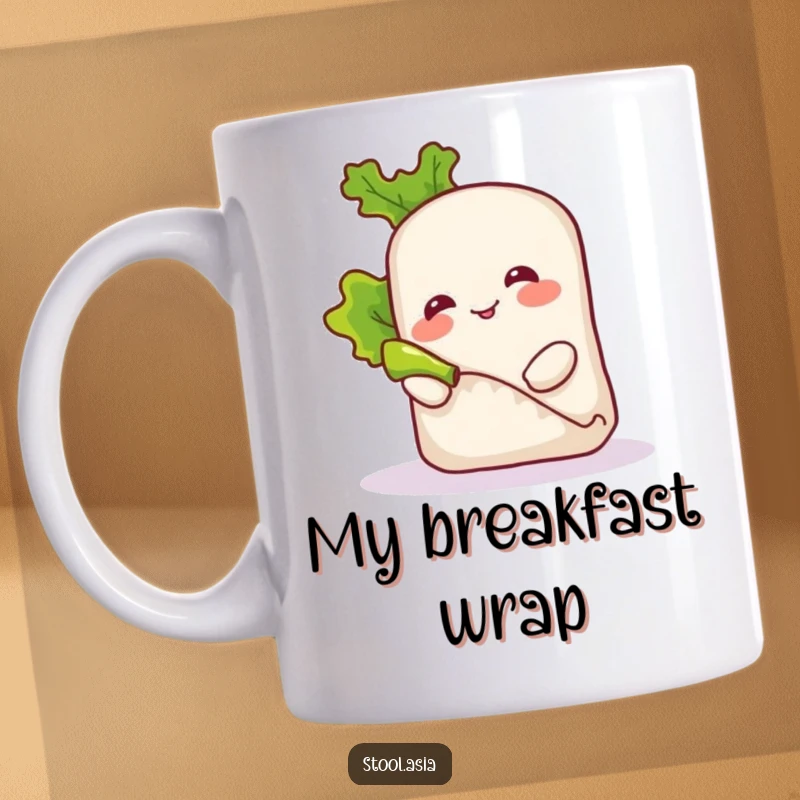 Funny smiling spring roll character playfully rolling a small piece of lettuce, depicted on a mug for food enthusiasts.