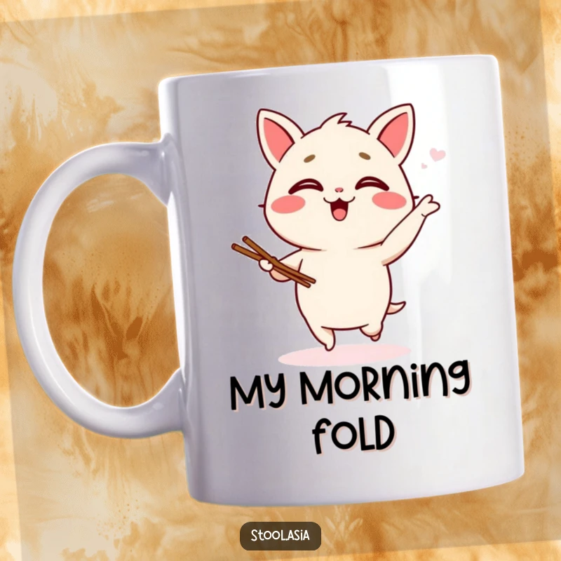 Funny wonton mug featuring a giggling dumpling character doing a silly jig with tiny chopsticks, radiating pure joy and cheekiness.