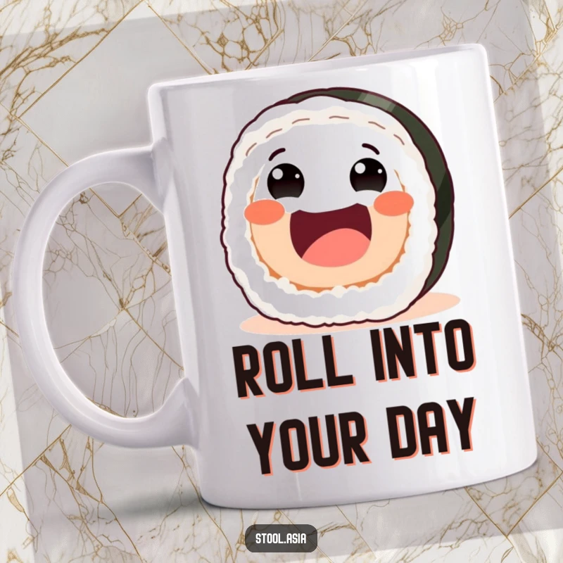 Funny sushi roll mug showing a joyful roll with friendly eyes and a wide mouth rolling enthusiastically.
