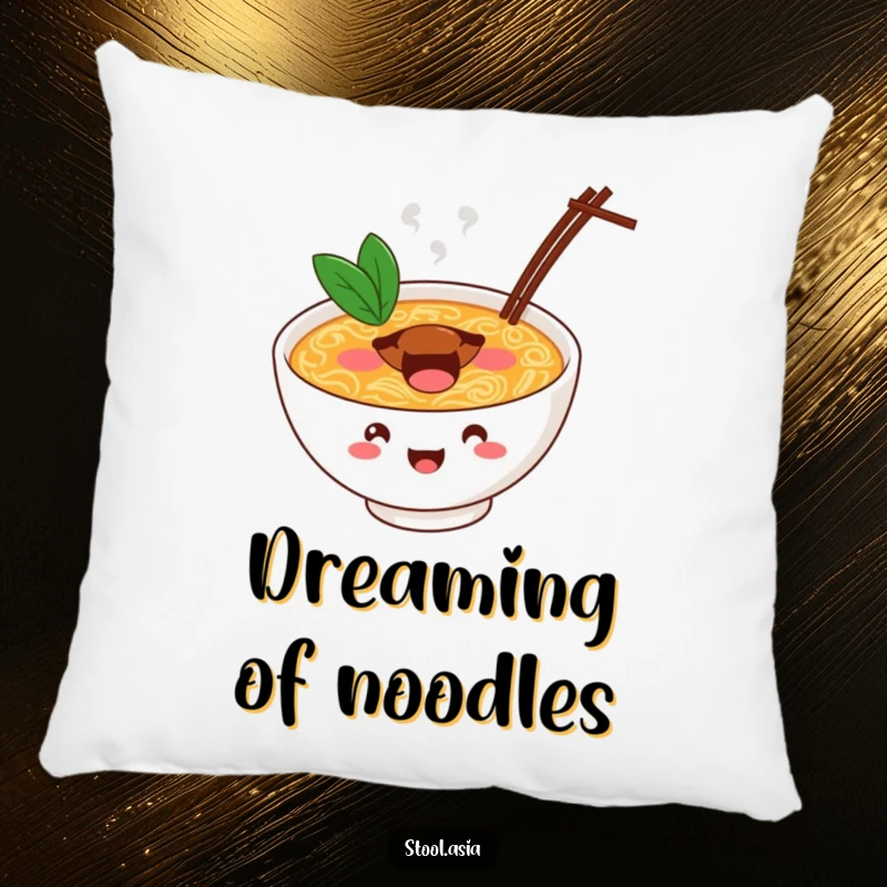 Funny ramen bowl pillow showing a cheerful bowl bouncing with energy on steaming broth, soft and fun.