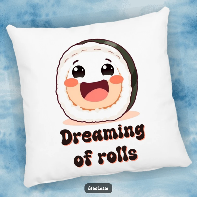 Funny sushi roll pillow showing a joyful roll rolling forward with friendly eyes and a wide mouth, soft and cute.