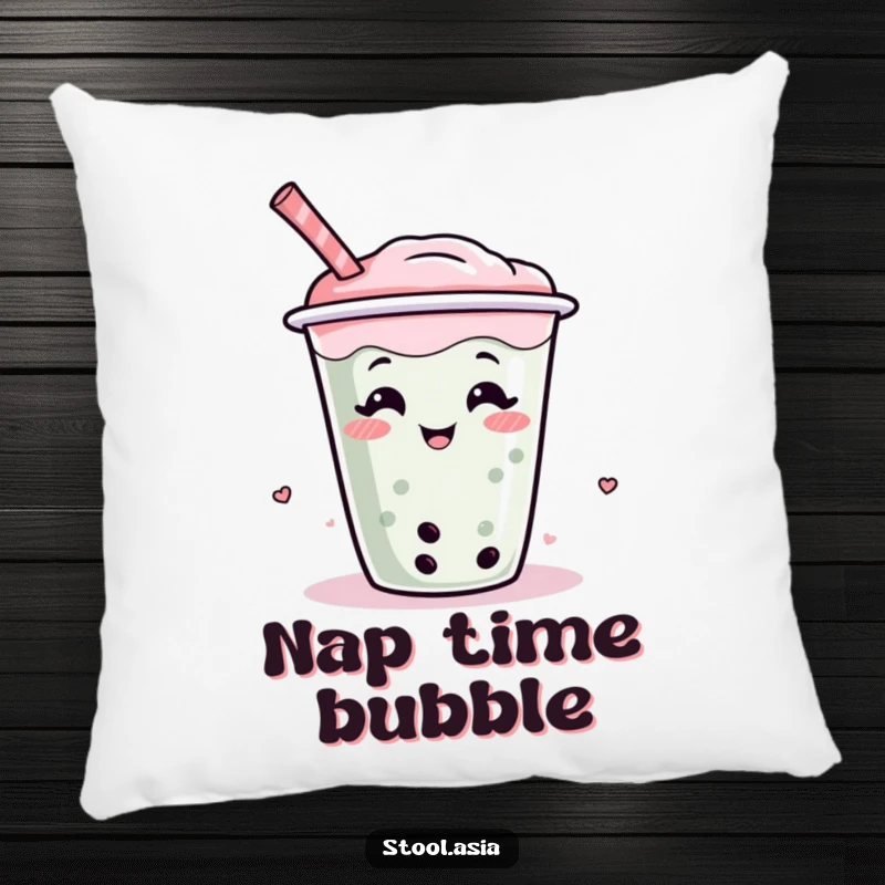 Funny pillow featuring a giggling and wiggling boba tea cup with a straw, soft cartoon comfort for home decor.