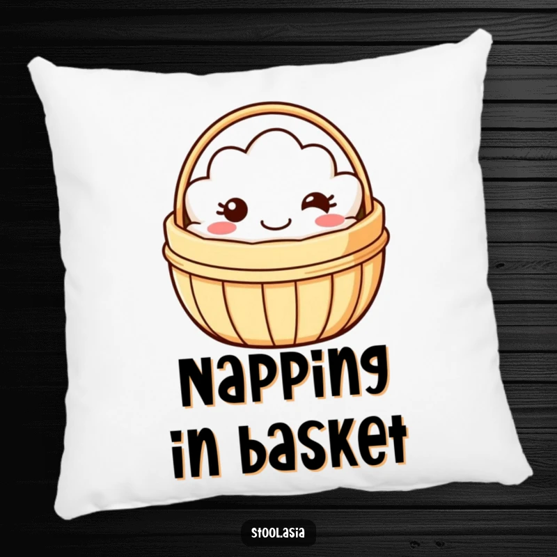 Funny dim sum basket pillow showing a smiling basket with simple eyes and a happy mouth wobbling, soft and cute.