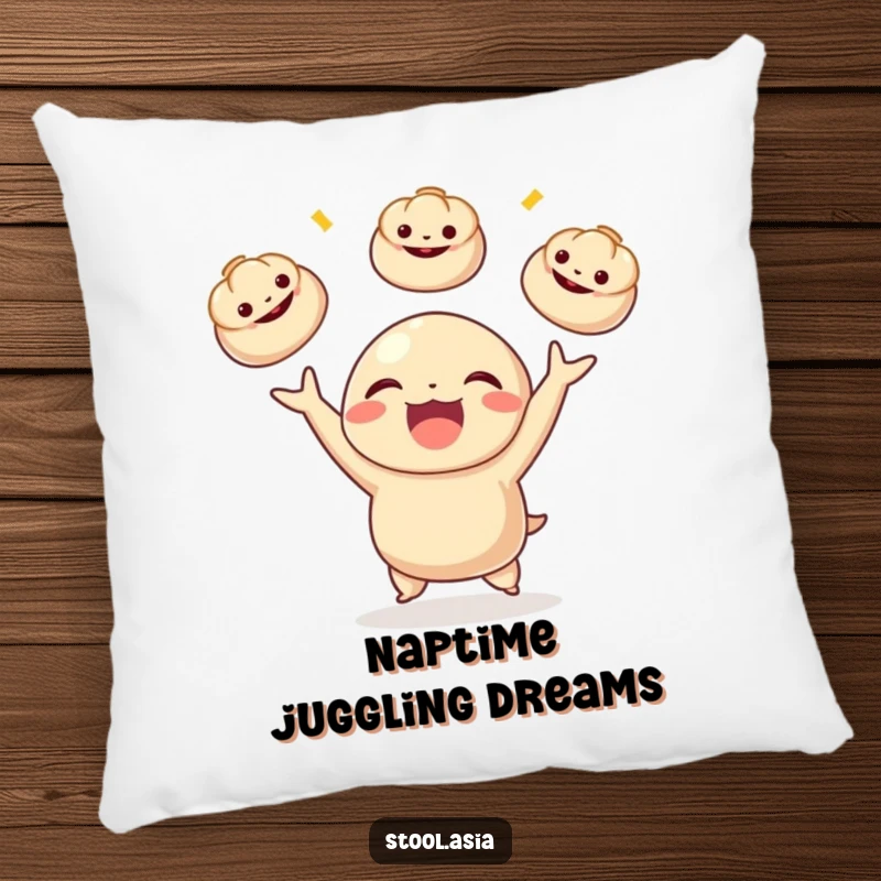 Funny dumpling character joyfully juggling three small bao buns, depicted on a soft, decorative pillow for comfort.