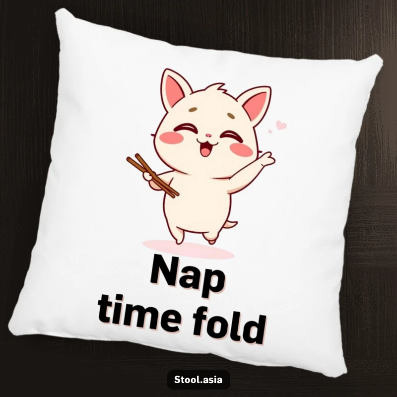 Funny wonton pillow featuring a giggling dumpling character caught mid-silly jig with tiny chopsticks, offering comfort and amusement.