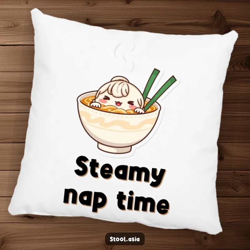 Funny whimsical noodle bowl character peeking from steaming broth, depicted on a soft, decorative pillow.