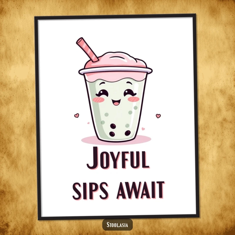 Funny digital art print of a giggling and wiggling boba tea cup with a straw, instant download for a cheerful vibe.