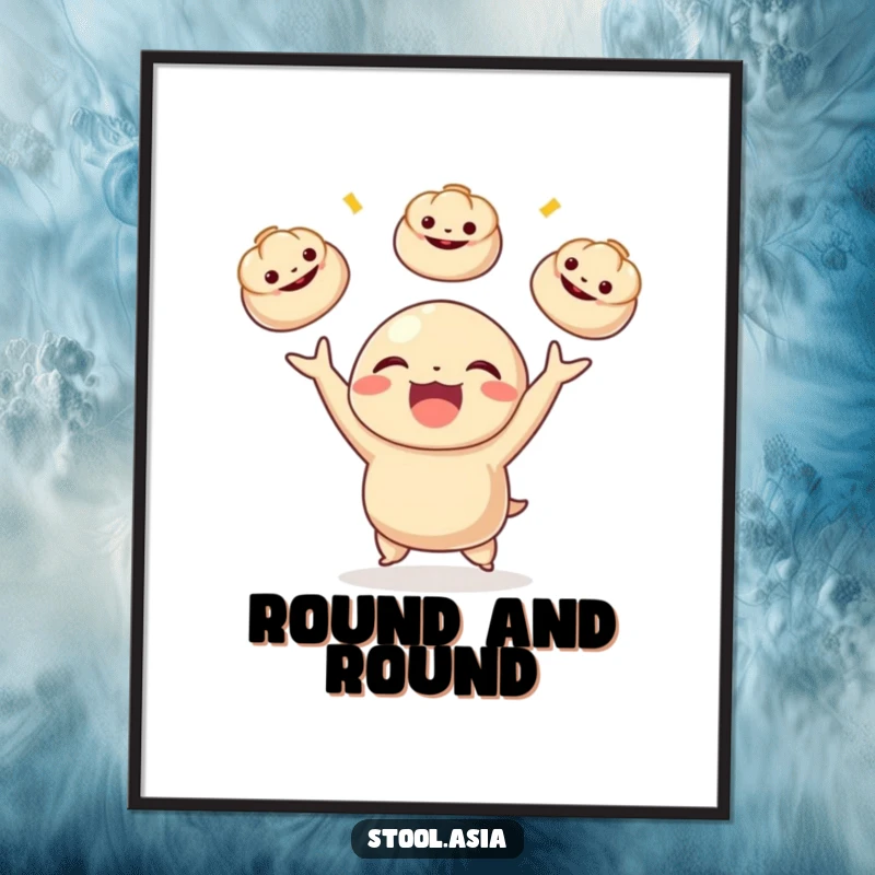 Funny delighted dumpling character happily juggling miniature bao buns, as a downloadable digital art print for kitchen decor.