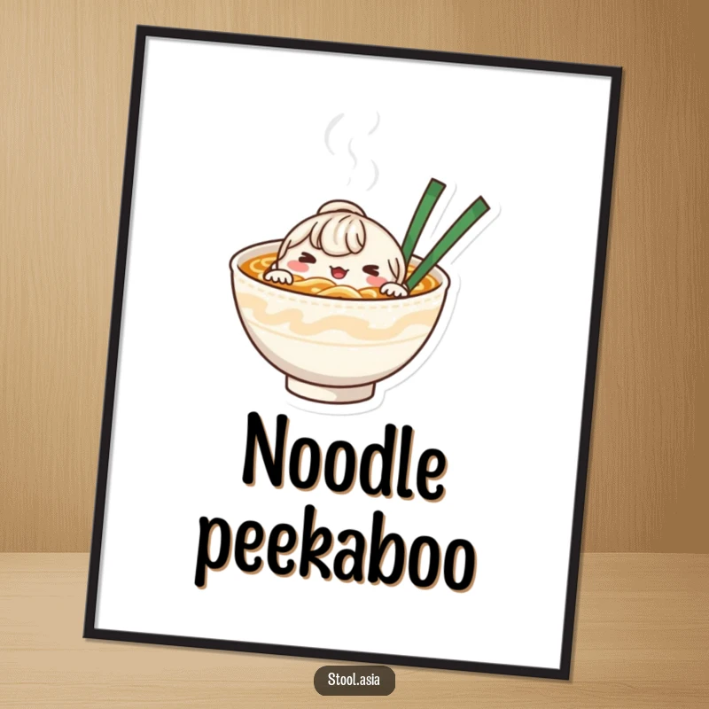 Funny whimsical noodle bowl character peeking from steaming broth, as a downloadable digital art print.