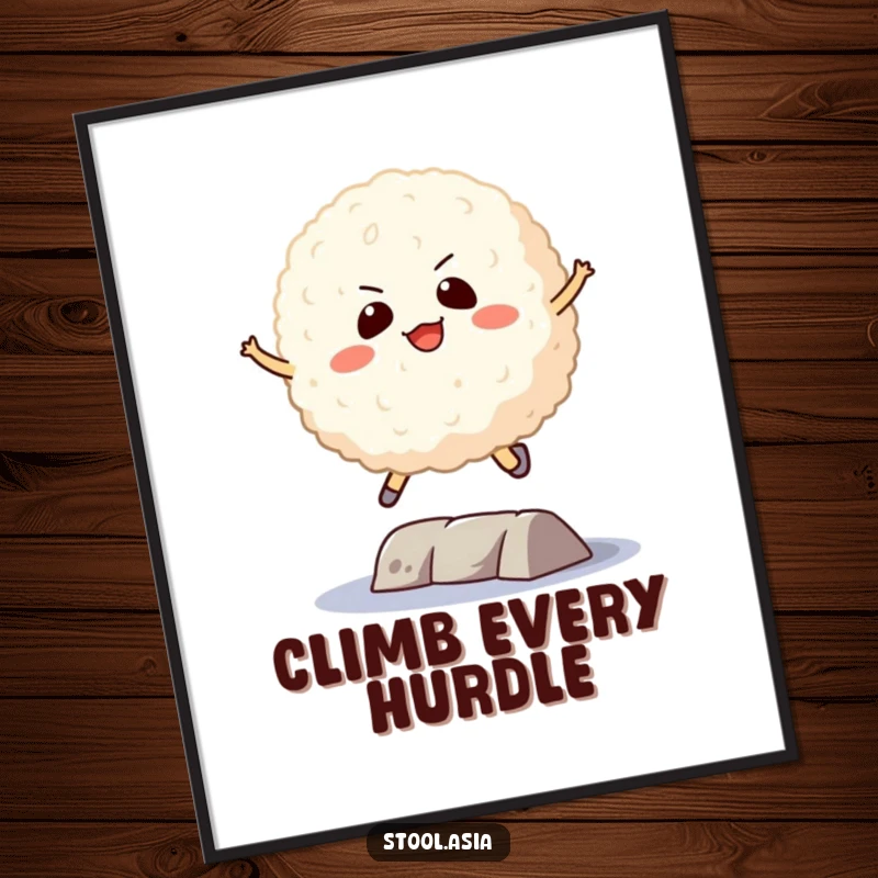 Funny Rice Ball Digital Art: A determined rice ball mid-jump over an obstacle, radiating focus and athletic prowess.