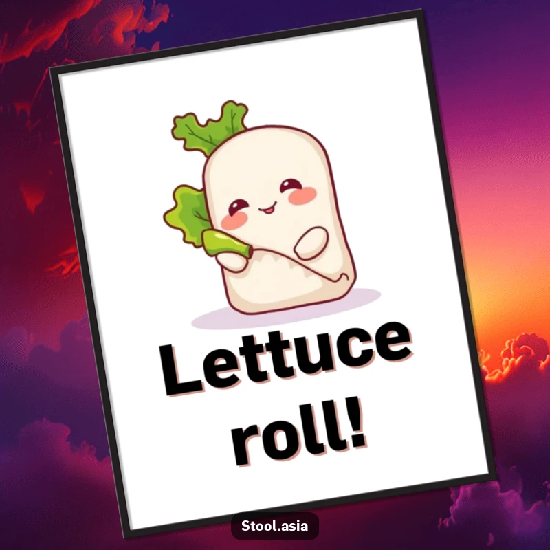 Funny smiling spring roll character playfully rolling a small piece of lettuce, as a downloadable digital art print.