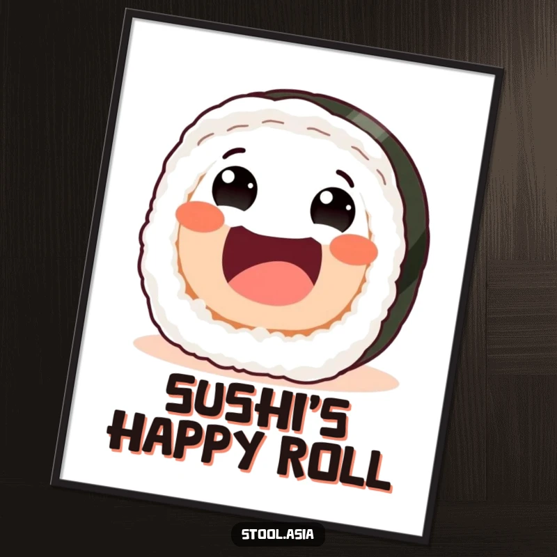 Funny sushi roll digital art print of a joyful roll rolling forward enthusiastically, instant fun decor.