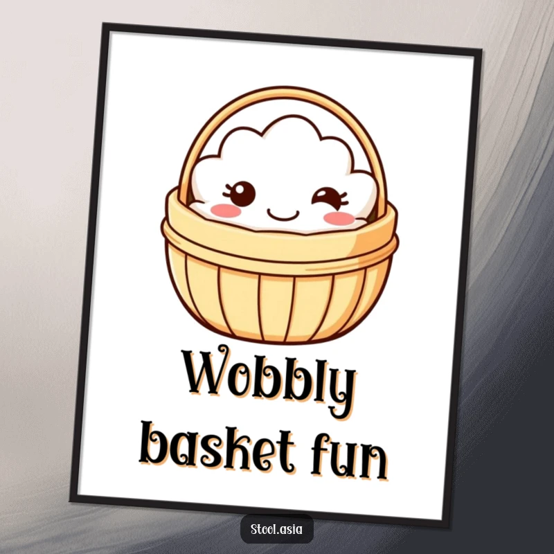 Funny dim sum basket digital art print of a smiling basket wobbling playfully, instant fun decor.