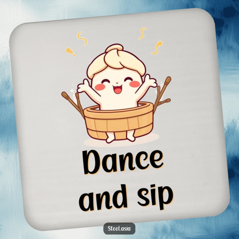 Funny cheerful dim sum character doing a lively dance around a bamboo steamer on protective drink coasters.