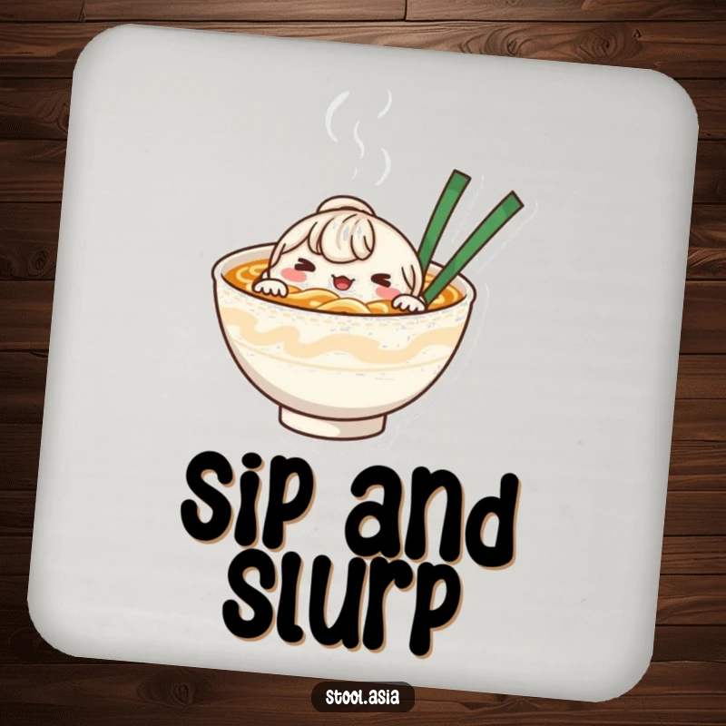 Funny whimsical noodle bowl character peeking from steaming broth on protective drink coasters.