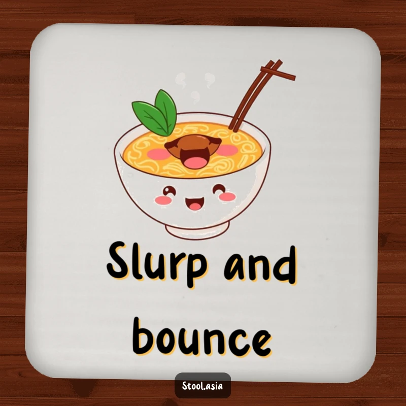 Funny ramen bowl coaster with a cheerful bowl bouncing with energy, protecting surfaces with fun.