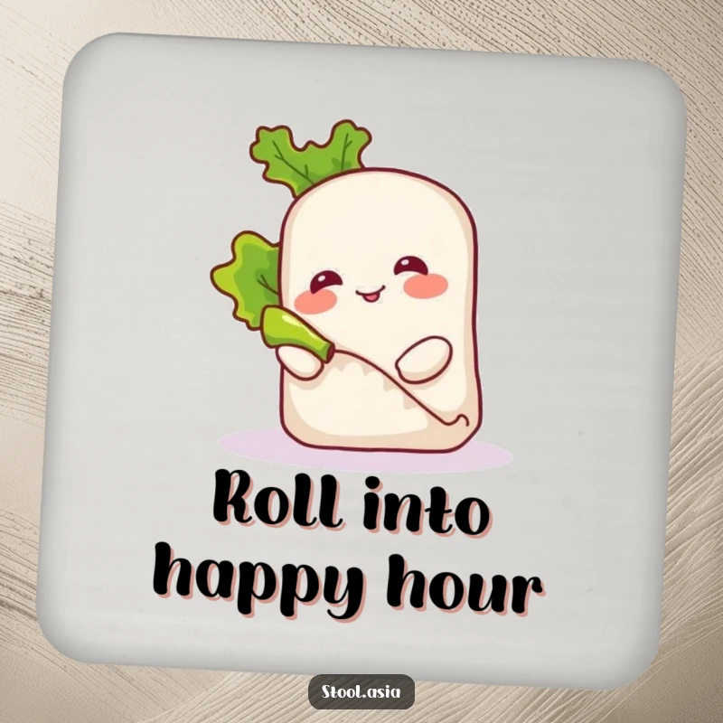 Funny smiling spring roll character playfully rolling a tiny piece of lettuce on protective drink coasters.