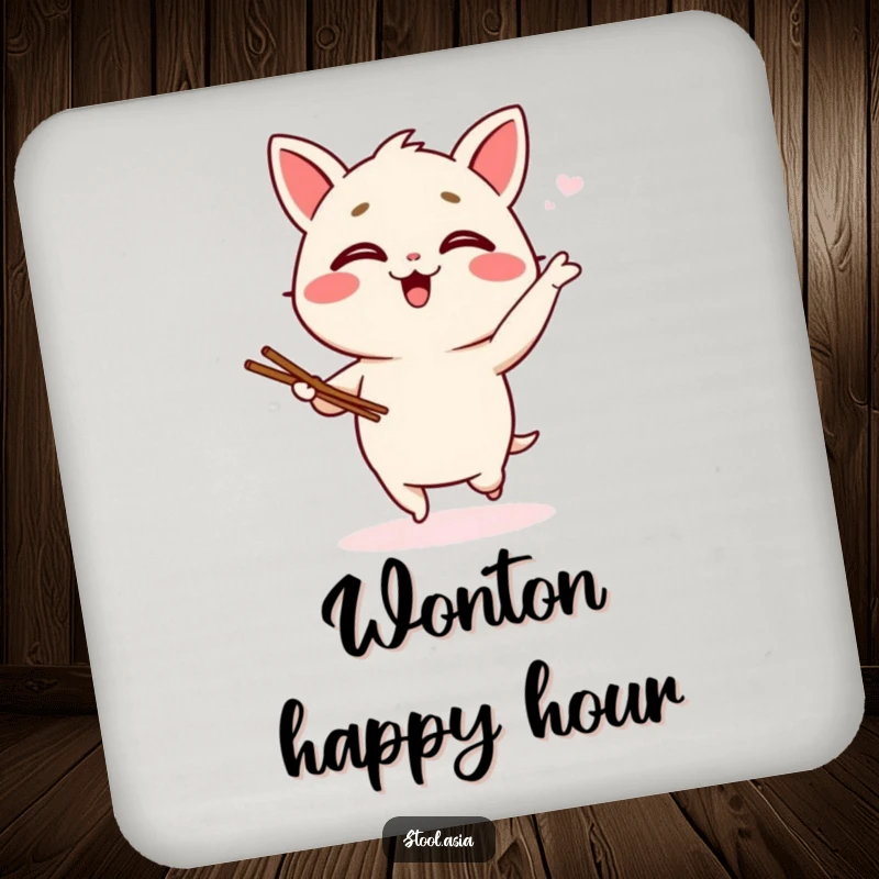 Funny wonton drink coaster showcasing a giggling dumpling character doing a silly jig with tiny chopsticks, protecting your surfaces.