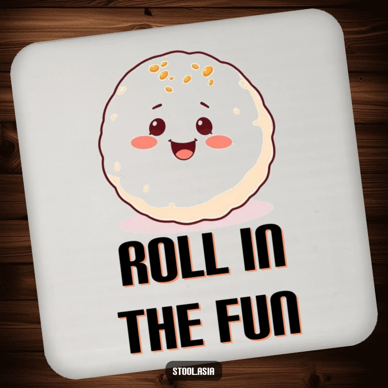 Funny Takoyaki Coaster: A delighted takoyaki ball with small eyes rolling around happily while protecting surfaces.
