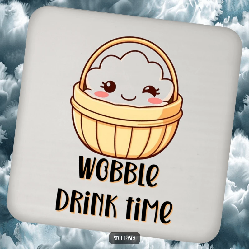 Funny dim sum basket coaster with a smiling basket wobbling playfully, protecting surfaces with fun.