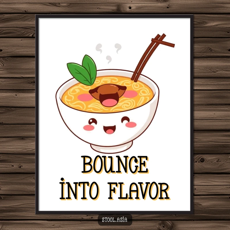 Funny ramen bowl poster featuring a cheerful bowl bouncing with energy on steaming broth, lively art.