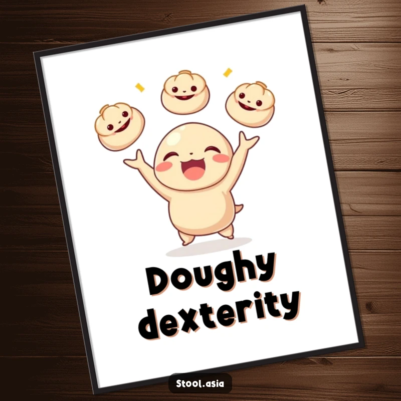 Funny delighted dumpling character happily juggling miniature bao buns, as a vibrant art print for kitchen decor.