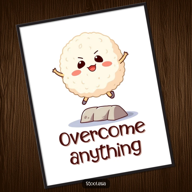 Funny Rice Ball Poster: A focused rice ball mid-air, determinedly jumping over a small obstacle.