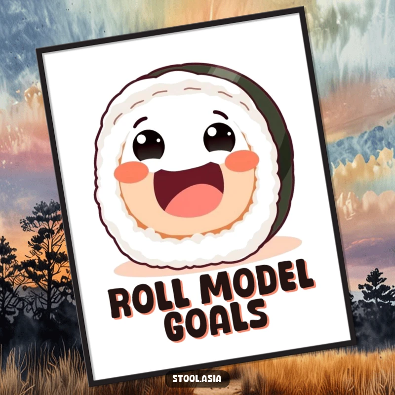 Funny sushi roll poster featuring a joyful roll rolling forward with friendly eyes and a wide mouth.