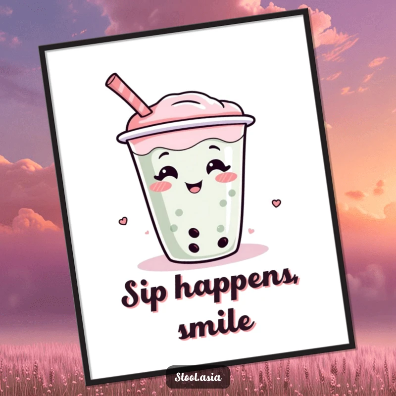 Funny poster art of a giggling and wiggling boba tea cup with a straw, a delightful and whimsical cartoon.