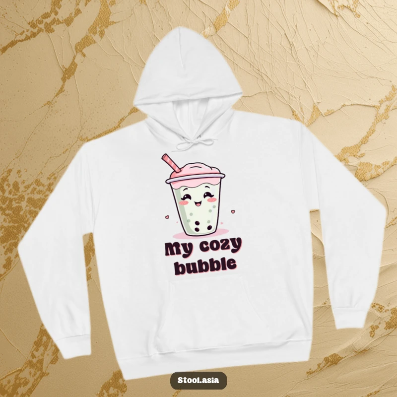 Funny hoodie showcasing a giggling and wiggling boba tea cup with a straw, a delightful and comical cartoon character.