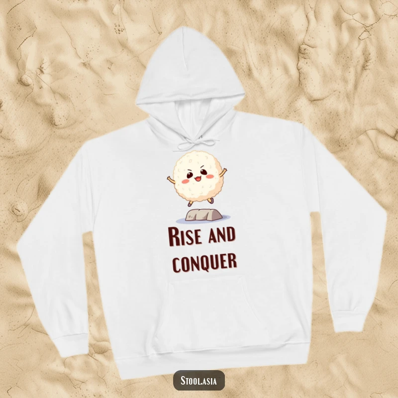 Funny Rice Ball Hoodie: A resolute rice ball mid-jump over an obstacle, radiating focus and strength.