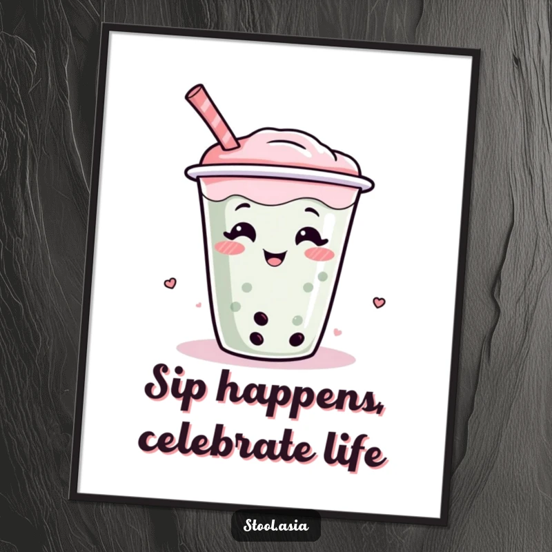 Funny Free Printable Wall Art of a giggling boba tea cup with a straw, wiggling with happiness, a whimsical decor piece.