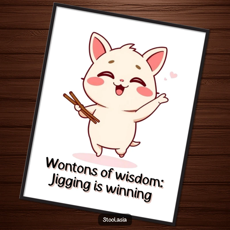 Funny Free Printable Wall Art: A giggling wonton character performs a silly jig with tiny chopsticks, radiating cheerful energy.